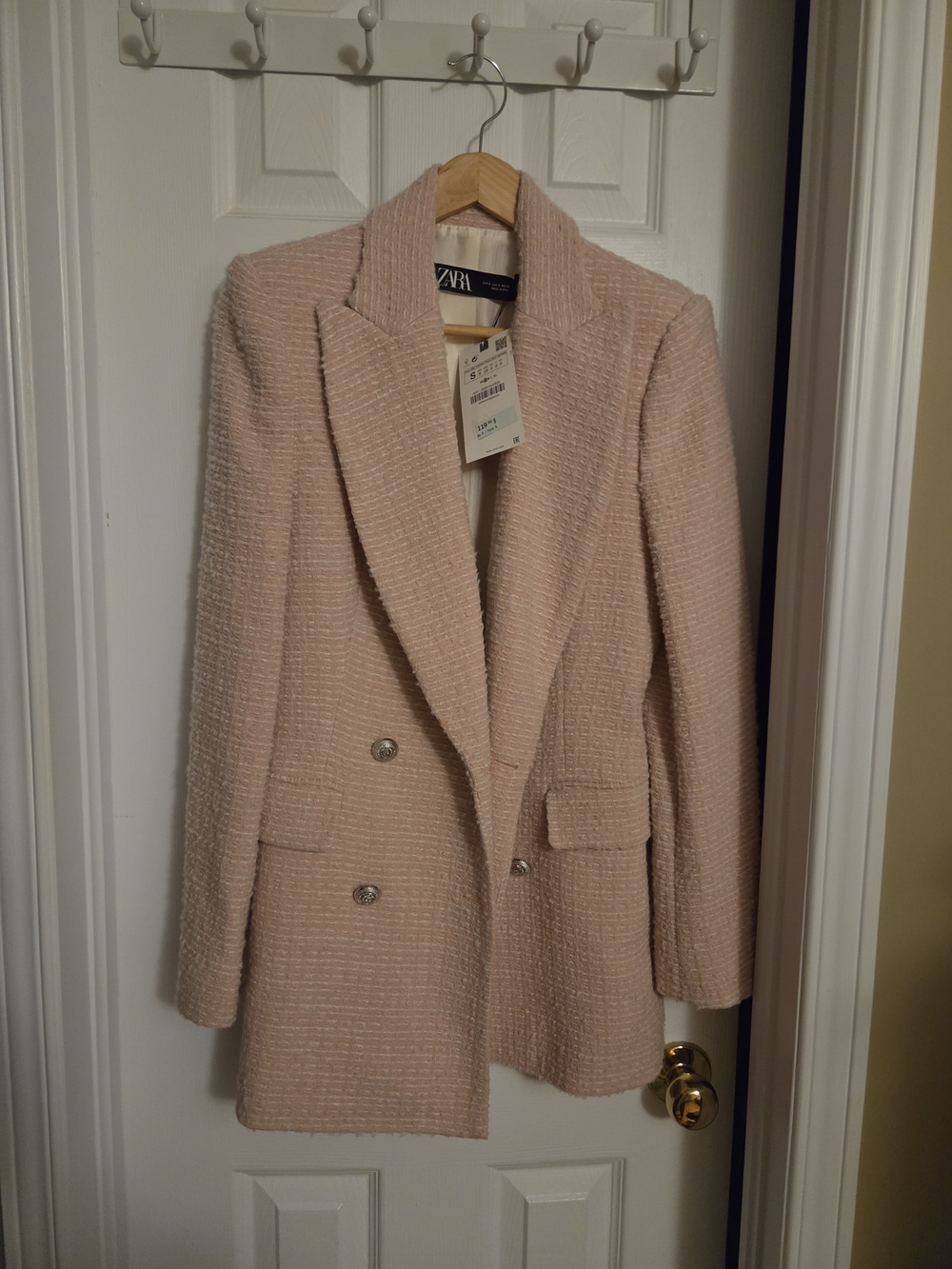 Zara Blush Pink Double-Breasted Bouclé Blazer